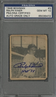 1948 Bowman #3 Ralph Kiner Signed Rookie Card - PSA/DNA GEM MT 10